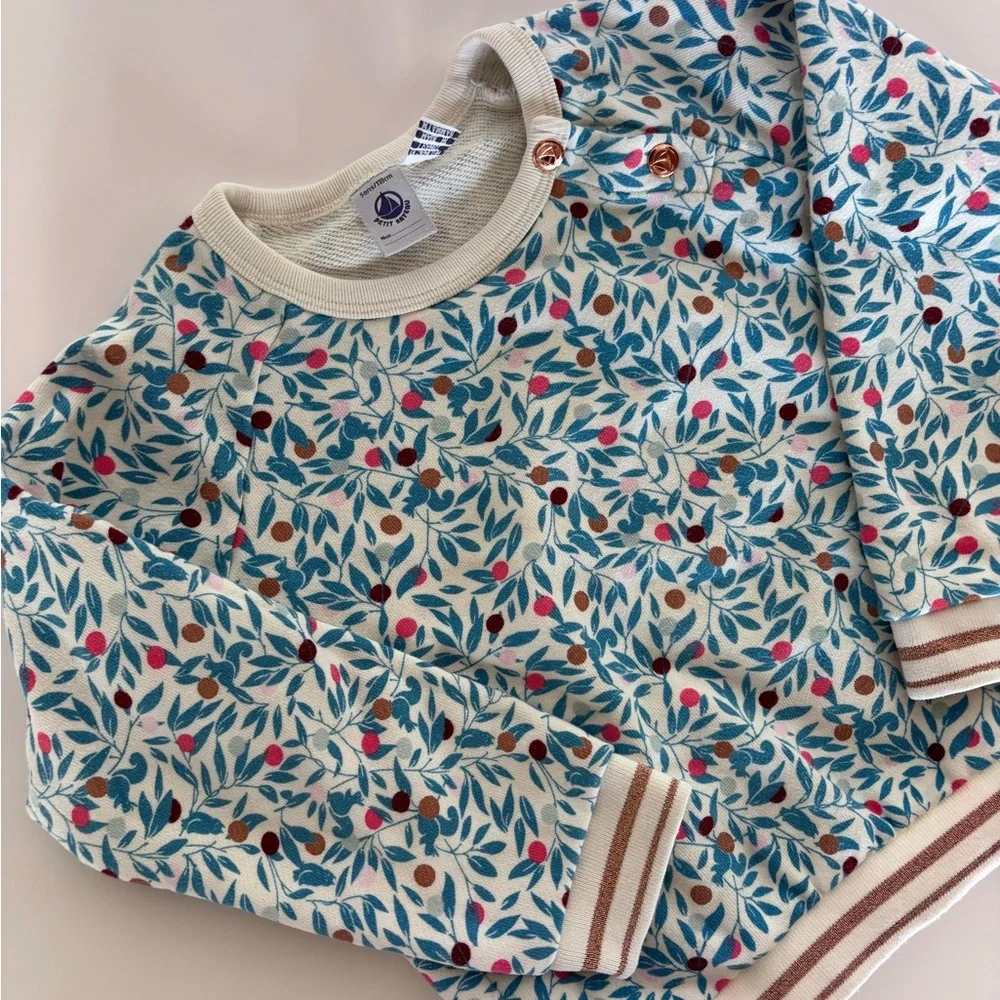 Petit Bateau Cream and Blue Leaf Print Top - Picture 2 of 7